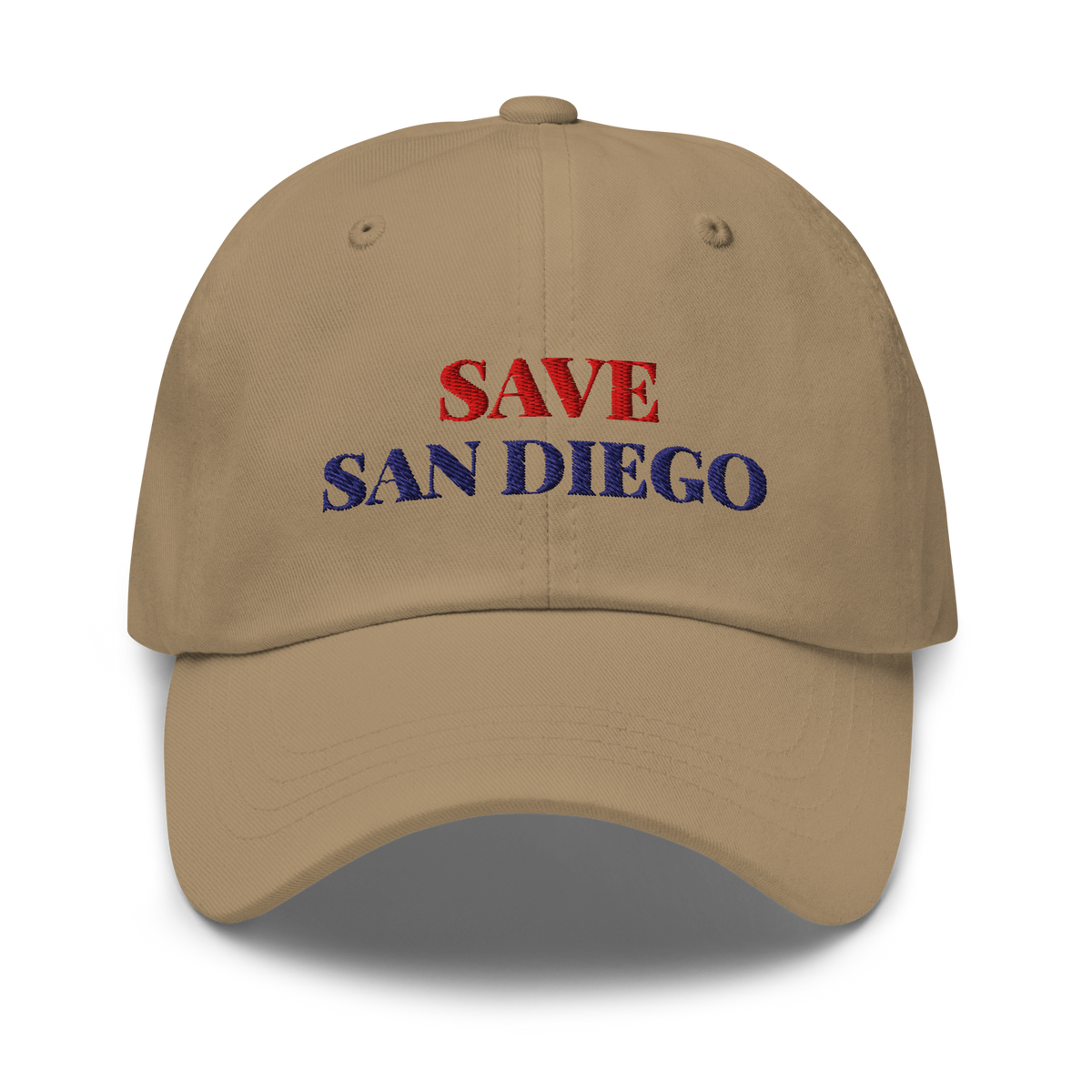 Save San Diego dad hat, khaki, front view