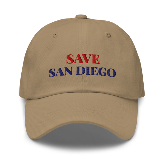 Save San Diego dad hat, khaki, front view