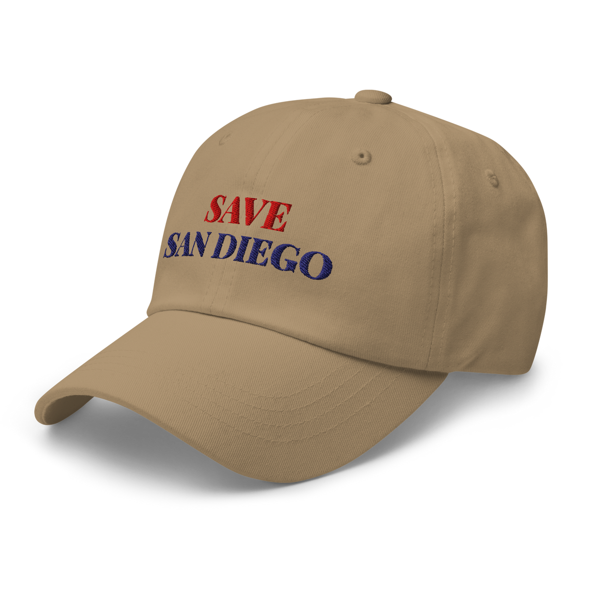 Save San Diego dad hat, khaki, left front view