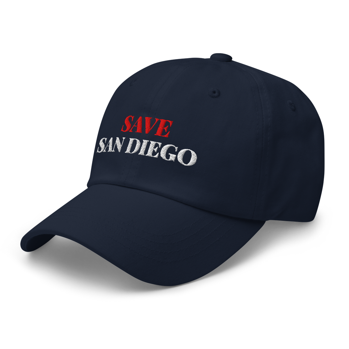 Save San Diego dad hat, navy, left front view