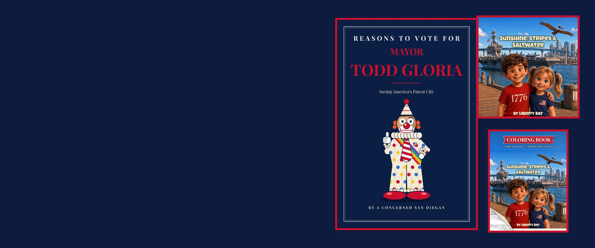 Right On News books: Reasons to Vote for Mayor Todd Gloria, Sunshine, Stripes & Saltwater, and the coloring book